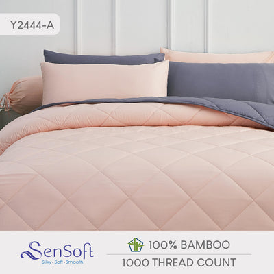 Sensoft 100% Bamboo Duvet Comforter Set in Pink and Dark Grey – Ultra Soft, Cooling, and Hypoallergenic Bedding