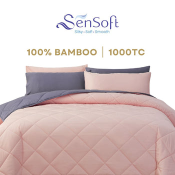Sensoft 100% Bamboo Duvet Comforter Set in Pink and Dark Grey – Ultra Soft, Cooling, and Hypoallergenic Bedding