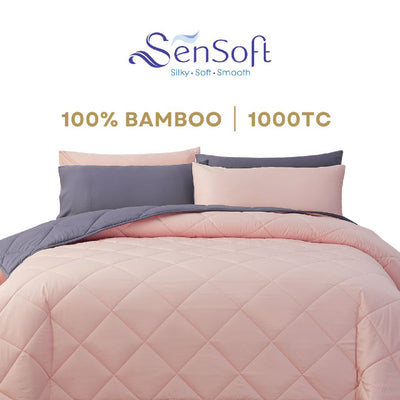 Sensoft 100% Bamboo Duvet Comforter Set in Pink and Dark Grey – Ultra Soft, Cooling, and Hypoallergenic Bedding